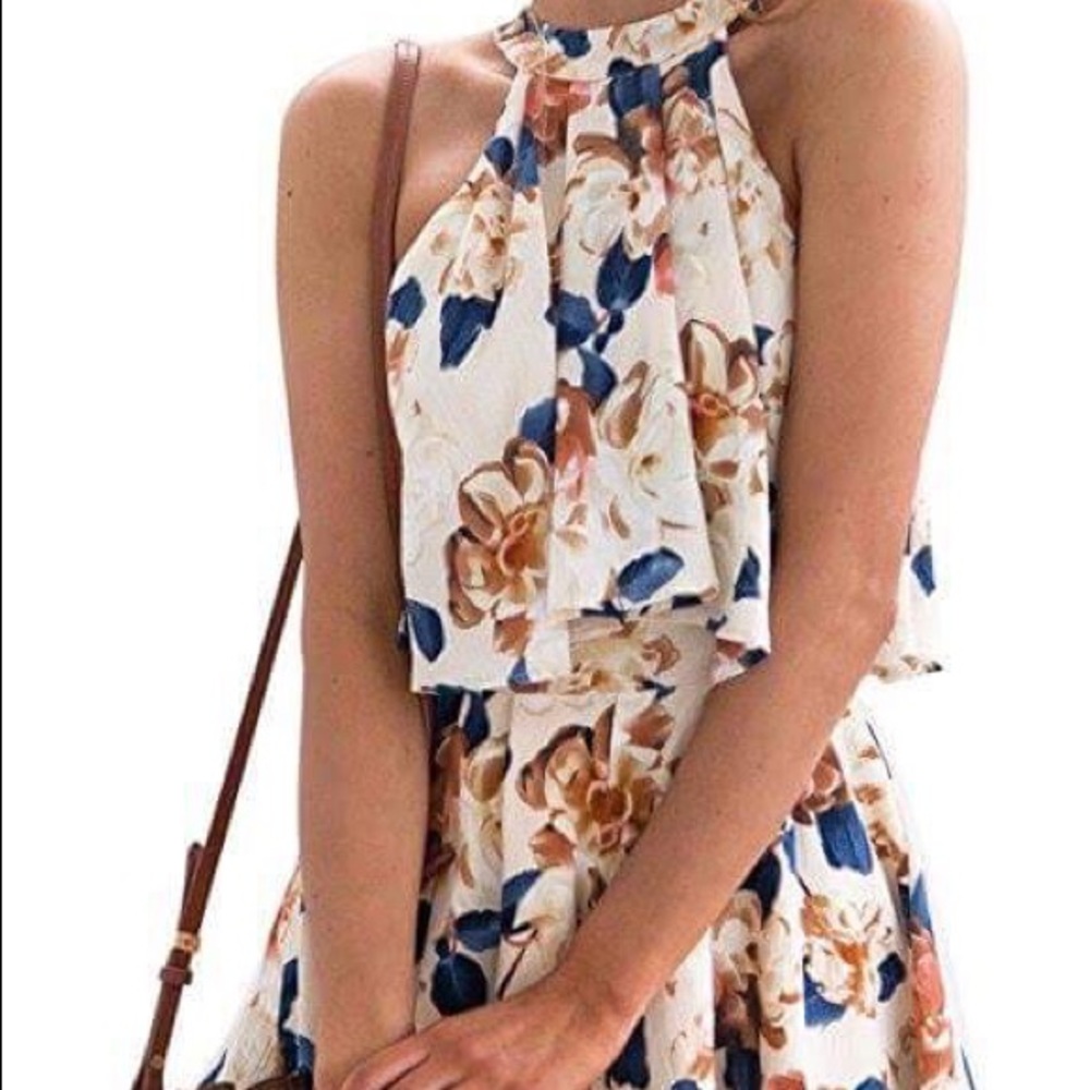 2 Pcs Women Halter Top Shorts Floral Short Rompers
